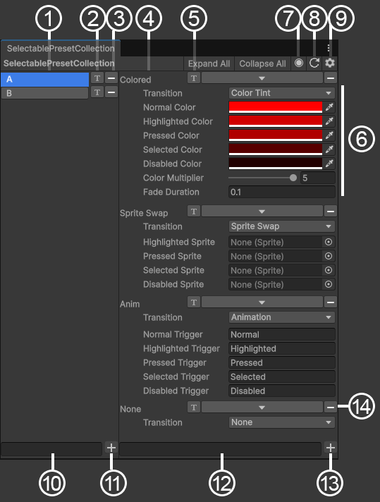 Preset Collection Window: Selectables